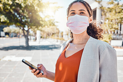 Buy stock photo Covid face mask, phone gps and woman on the internet in a road for location in the urban city of Singapore. Business person doing search on web with technology and covid 19 in the street of town