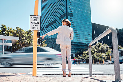 Buy stock photo Woman, traffic light button and city road waiting to cross pedestrian to walk or commute to work office building. Female with covid mask at crosswalk by asphalt street while traveling in south africa