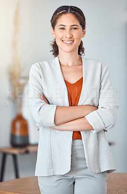 Buy stock photo Business woman leadership and portrait of a Human Resources manager in an office workplace for faq or about us or career. Trust, smile and proud HR boss person with company management mindset vision