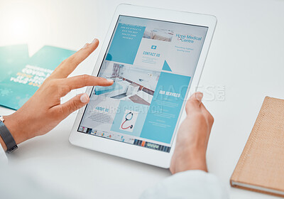 Buy stock photo Hands, tablet and contact us with healthcare marketing or advertising on a website in the medical industry. Health, medicine and insurance with ux design on a wireless technology screen in a hospital