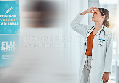Buy stock photo Stress, depression and tired covid female doctor working at vaccine station or hospital for healthcare and flu shots. Stressed, headache and burnout woman and medical practitioner for coronavirus
