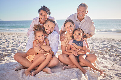 Buy stock photo Happy big family, beach and vacation portrait, summer holiday or trip in Mexico. Love, smile and grandparents, mother and father with girls or kids spending time together on sea, ocean or sandy shore