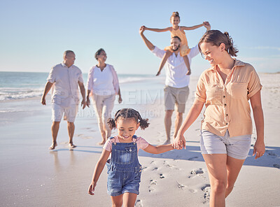 Buy stock photo Family, mother and girl holding hands beach on summer holiday in Mexico. Footprints, memories and a happy woman with child at the ocean. Grandma, grandpa and kids with mom and dad walking on sea sand