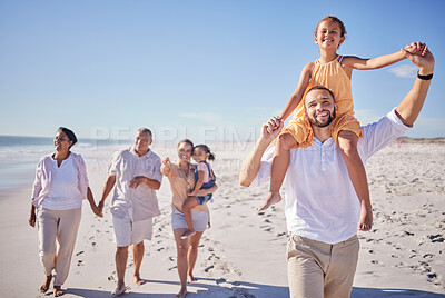 Buy stock photo Beach, family and father with daughter on back and grandparents walk on sand to relax, bonding and fun. Happy, parents and kids being playful, smile and enjoy the sunny day in summer on a vacation. 