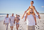 Parents and grandparents with children walking on beach for holiday, vacation and break. Happy, smile and excited family with kids enjoy weekend getaway having fun and relax on sand in summer. 