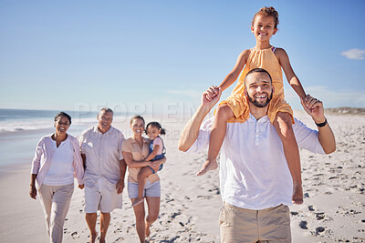 Buy stock photo Beach, father carry girl on walk with family, grandparents and children on holiday, vacation and break. Happy, smile and excited parents with kids enjoy weekend getaway having fun and relax on sand. 