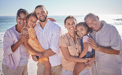 Buy stock photo Family beach, children love and grandparents on travel holiday at ocean in Spain with children during summer. Portrait of happy kids, mother and father on vacation by the sea with elderly people