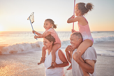 Buy stock photo Children, grandparents and piggy back on beach on summer holiday walking in sea sand. Happy family at the ocean on vacation in Mexico. Grandma, grandpa and kids in on a walk in waves at sunset.