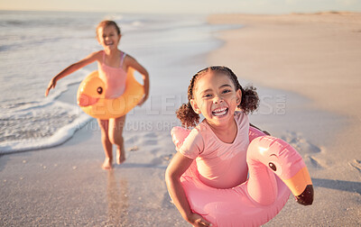 Buy stock photo Happy, healthy children running on the beach for summer outdoor holiday, growth development and vitamin d. Excited girl kids with happy portrait run and play together by the ocean or sea waves