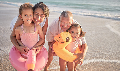 Buy stock photo Family, beach and portrait of grandparents with multiracial kids bond on Mexico holiday in summer. Retirement grandma and grandpa enjoy caring hug with foster and adoption grandchildren in water.