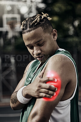 Buy stock photo Arm injury, pain and athlete sport muscle inflammation of a black man with a medical issue. Basketball player holding a sports emergency accident after exercise, fitness and game match workout