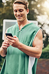 Health, fitness and man with phone and use social media apps and browsing internet with smile, relax and calm outside. Happy, trainer or male on cellphone to look for exercise for training or workout