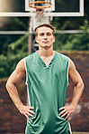 Basketball player, sports and portrait of a man on a court ready to play a training match for exercise outdoors in USA. Young and serious person serious about fitness, workout and healthy lifestyle