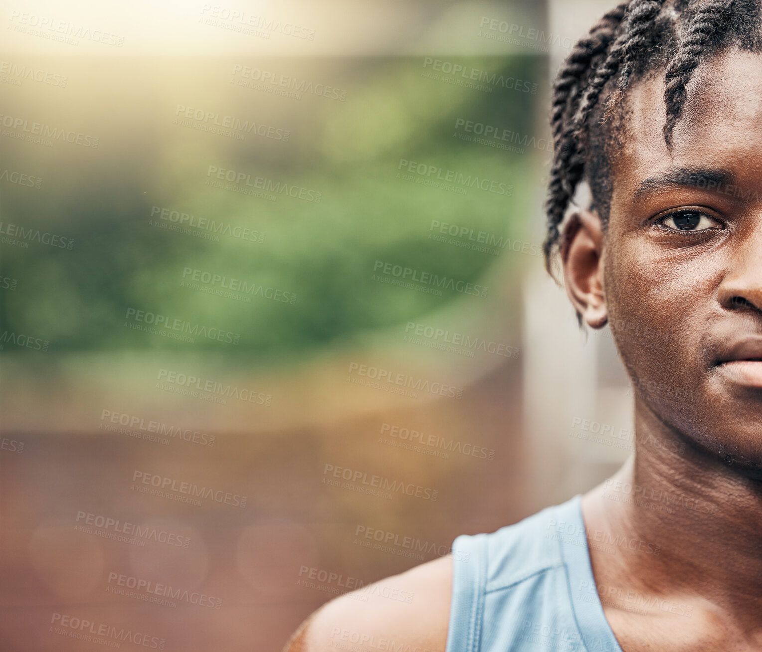 Buy stock photo Sport, basketball and face with a black man workout portrait for health, cardio and fitness. Motivation, vision and strong mindset with athlete, trainer or coach on sports court outdoor mockup space