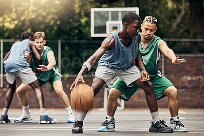Buy stock photo Sports, team and men playing basketball in a competition for college or university players with talent, skill and fitness. People in a competitive training match on an outdoor court using teamwork