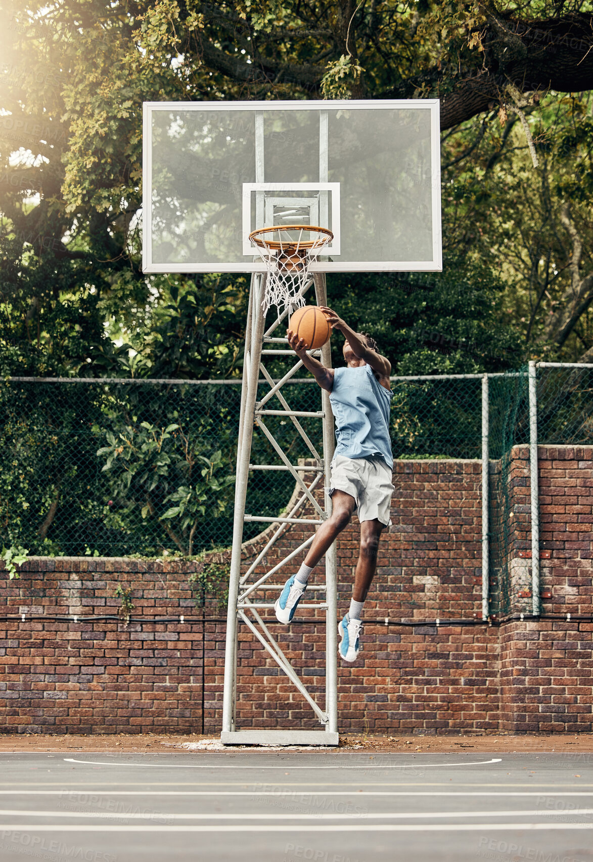 Buy stock photo Basketball, jump and sports man on basketball court working on game fitness, workout or slam dunk training. Motivation, health and street basketball player or athlete exercise for competition success