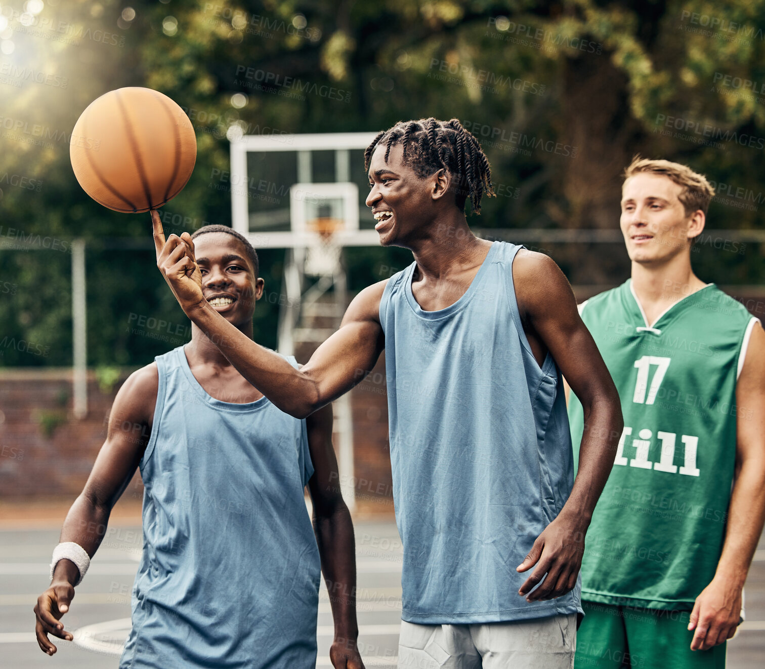 Buy stock photo Team, basketball and sports court training young men for fitness, workout and balance ball exercise together at game. Healthy, active and sports Athlete people teamwork and motivation for fun match