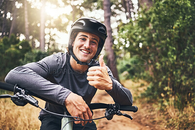 Buy stock photo Thumbs up man rider on mountain bicycle happy riding or training for fitness, wellness and health exercise outdoor. Cycling, active and workout sports athlete smile for success, motivation and cardio
