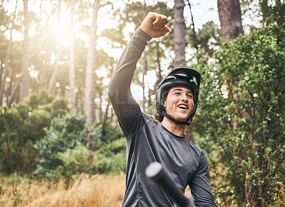 Buy stock photo Mountain bike man celebrate achievement, success and goal in forest, woods or Norway park cycling race competition winner. Happy, excited and pride bicycle athlete freedom, energy and fist motivation