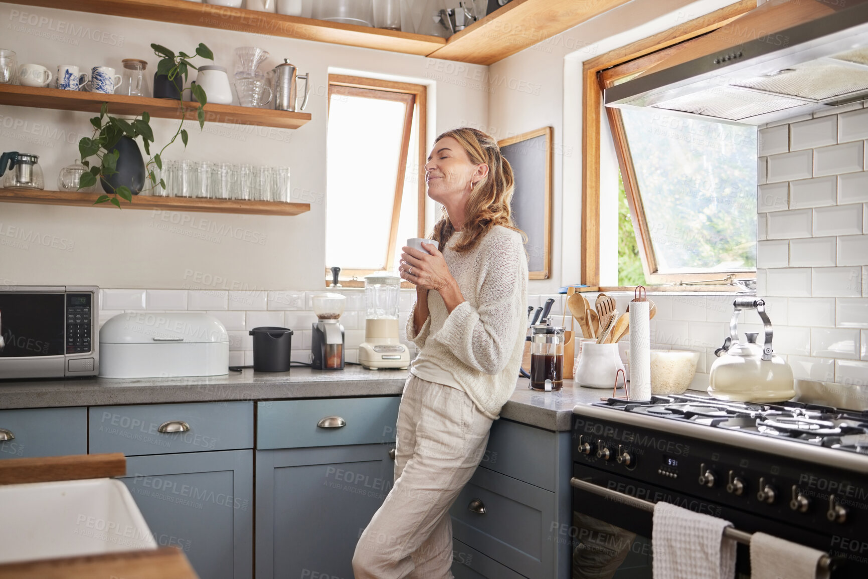 Buy stock photo Relax, coffee and happy woman at home thinking about peaceful memories and enjoying her free time feeling content and relax. Mature lady at peace with positive mindset in her Australia house