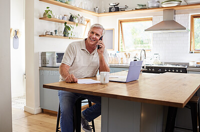 Buy stock photo Call, laptop and finance with a senior man using a phone while planning finance, savings and investment for retirement. Computer, money and communication with an elderly male pensioner in the kitchen