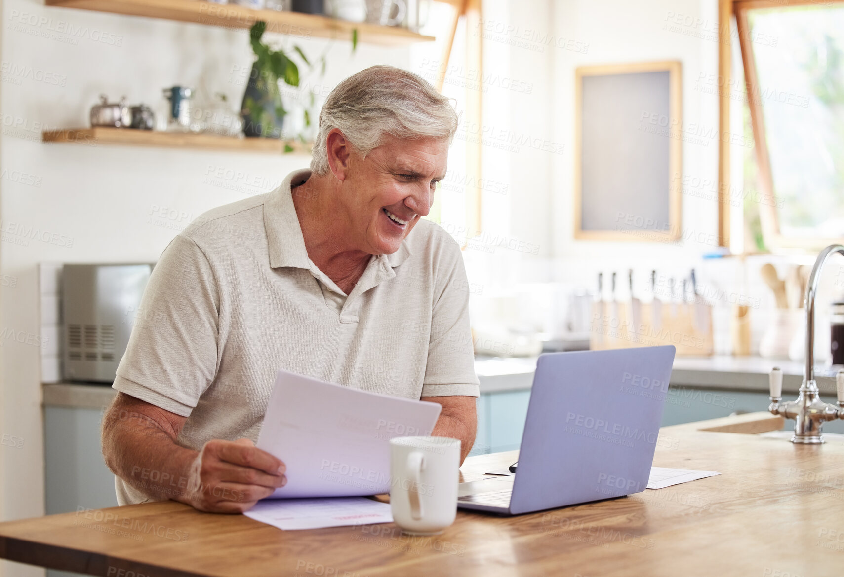 Buy stock photo Senior man, smile and laptop working in kitchen getting good news about income, investments or insurance at home. Happy elderly male investor reading email on computer for planning online retirement