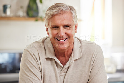 Buy stock photo Relax, happy and face of elderly man smiling, cheerful and relaxing in a living room at home, carefree. Retirement, relaxation and mature male enjoying his retired lifestyle alone in his house