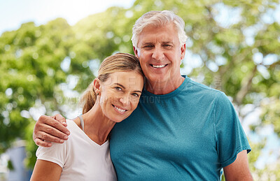 Buy stock photo Wellness, health and elderly couple bonding on outdoor morning walk in nature, happy and relax. Love, exercise and cardio with man and woman portrait hug and enjoy retirement, being active together