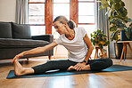 Fitness, health and pilates by elderly woman exercise and stretching on floor, wellness and relax in living room. Zen, yoga and meditation by senior female workout in home, healthy cardio practice