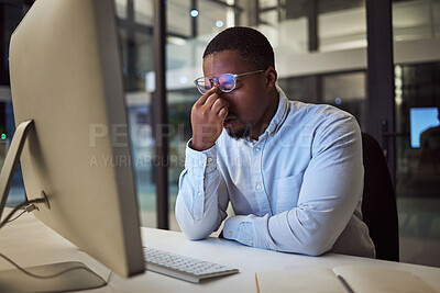 Buy stock photo Headache stress, work burnout and businessman working on corporate strategy on the internet in a dark office at night.  Corporate employee doing overtime with a migraine, problem and computer glitch