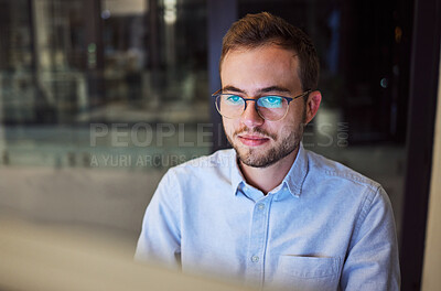 Buy stock photo Night work, business email and businessman planning a corporate proposal on a computer in a dark office. Coding programmer working on web design and online website on a pc during overtime at job