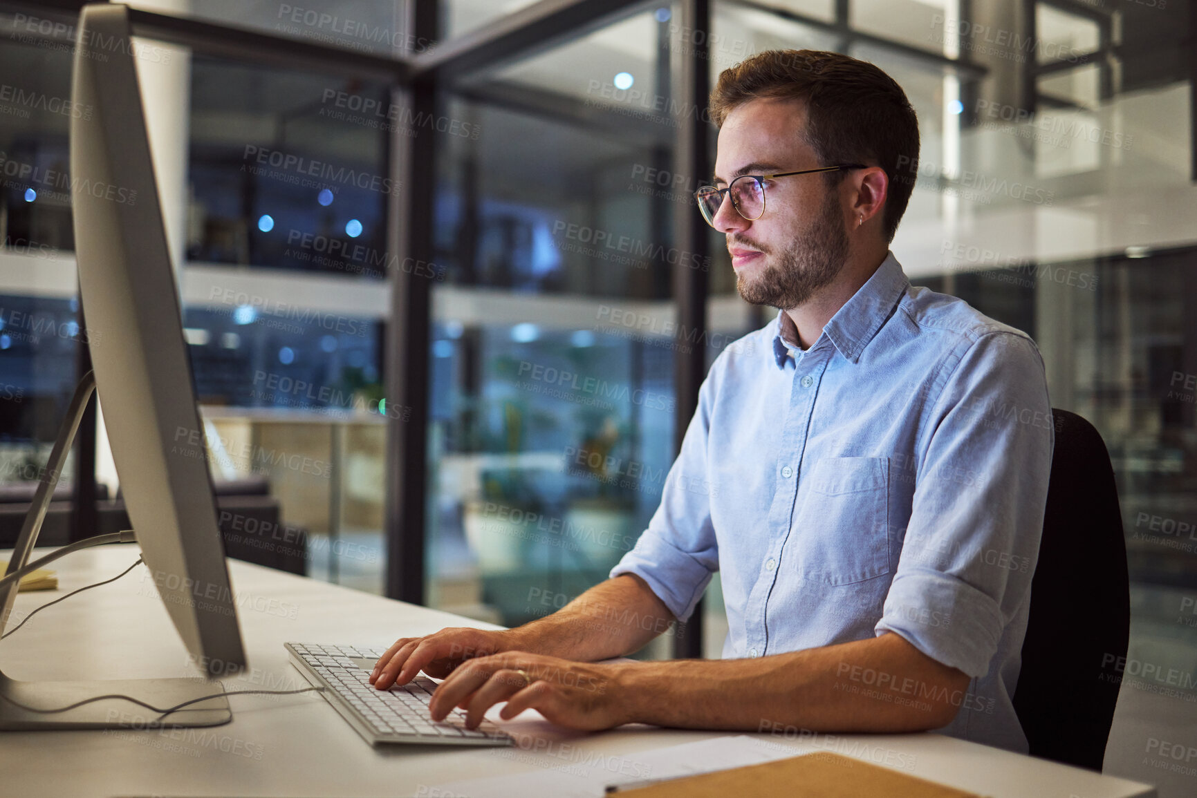 Buy stock photo Businessman, computer and night office work for digital programmer, cybersecurity and software design. Thinking web design engineer, developer and worker with technology for ux seo or database coding