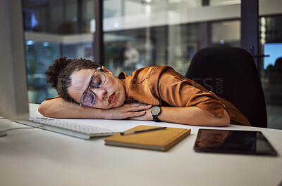 Buy stock photo Stress, burnout and sleeping business woman in modern office, workplace at night. Tired, lazy and frustrated employee, worker and black person in nap for depression, deadlines and mental health fail