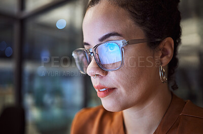 Buy stock photo Night business woman with computer on glasses reflection for company innovation or eyes healthcare in digital, information technology career. Corporate manager reading, coding or software development