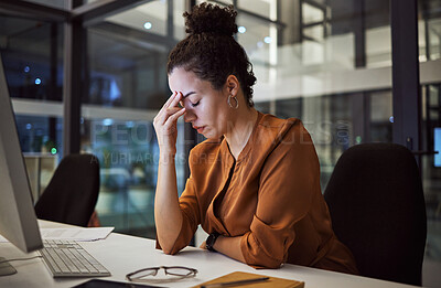 Buy stock photo Woman working at night with headache, burnout and stress over social media marketing project or company deadline. Anxiety, exhausted and tired web or online business advertising expert with migraine