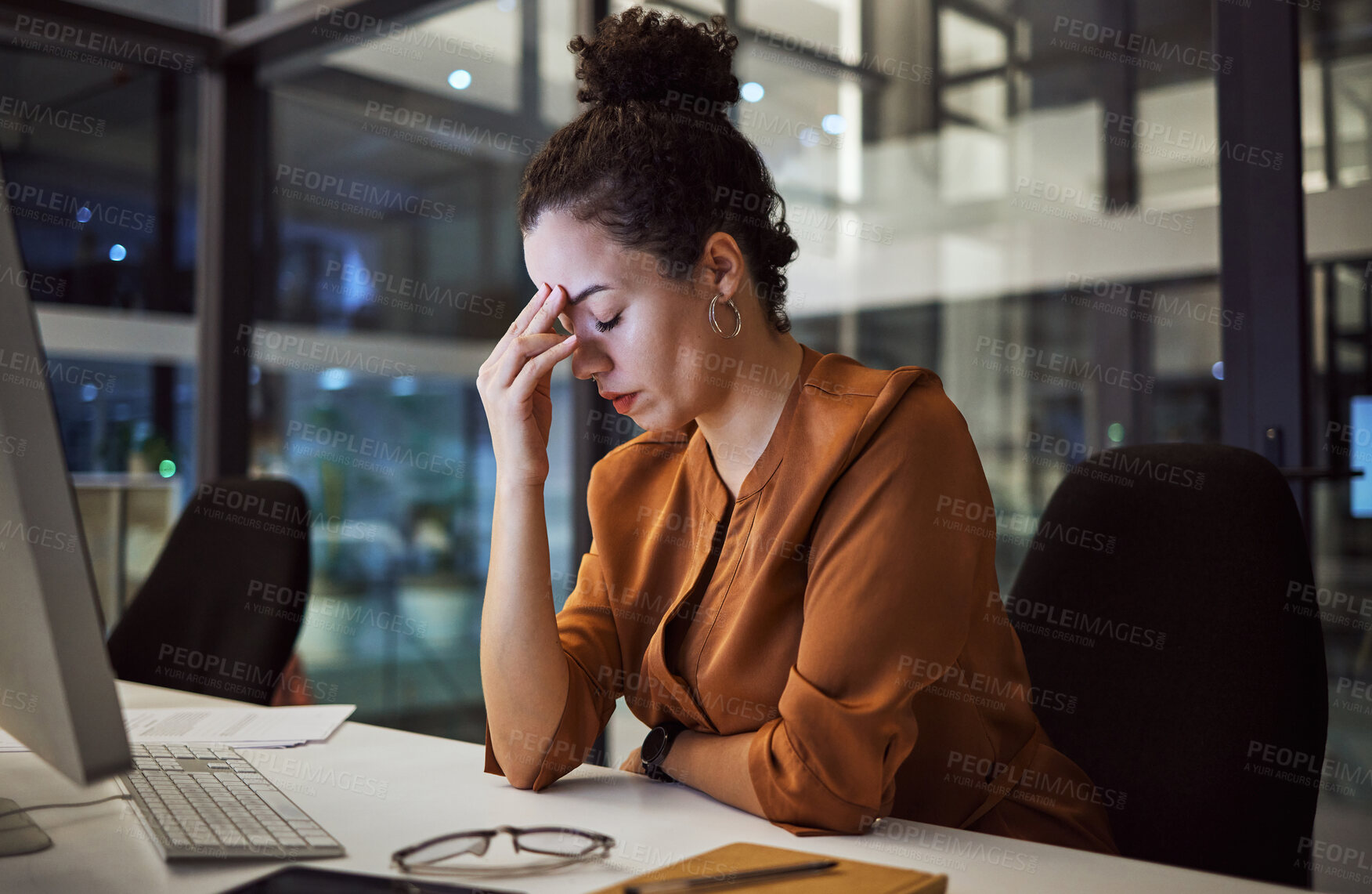 Buy stock photo Woman working at night with headache, burnout and stress over social media marketing project or company deadline. Anxiety, exhausted and tired web or online business advertising expert with migraine