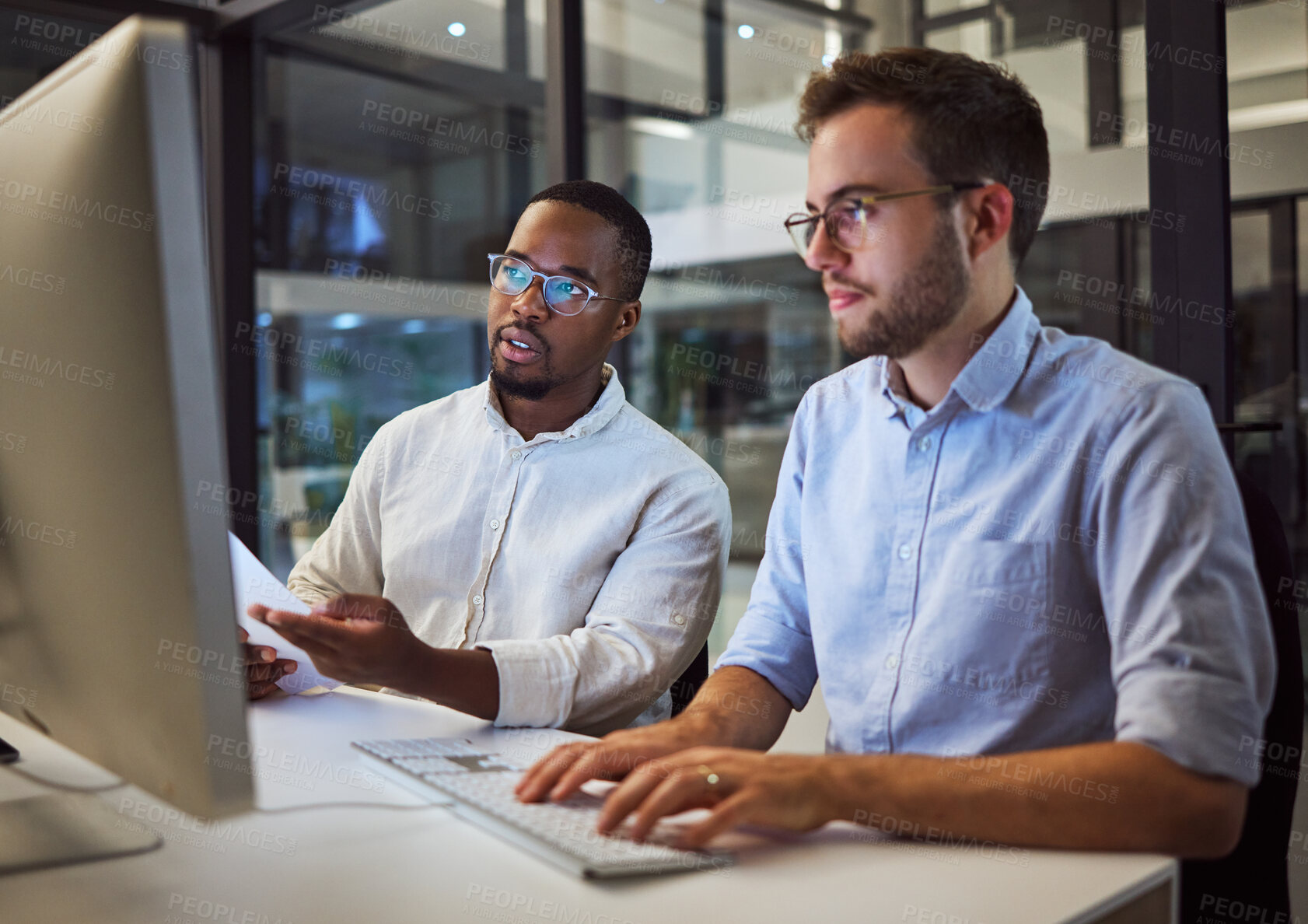 Buy stock photo Marketing team at night, working on digital advertising project with teamwork and collaboration in the office on computer. A smart strategy, planning and dedication lead to career success in business