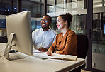 Night meeting, internet business and employees talking about web design on a computer in a dark office at night. African workers happy on company website and working overtime for partnership