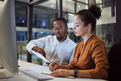 Buy stock photo Teamwork in New York office at night, business document reading together and professional accounting report. Black man with financial audit, showing latino woman figures and employee collaboration