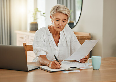 Buy stock photo Senior woman with notebook writing budget plan for retirement and review finance documents. Elderly person with pen and paperwork planning financial bank payment, savings and doing home accounting