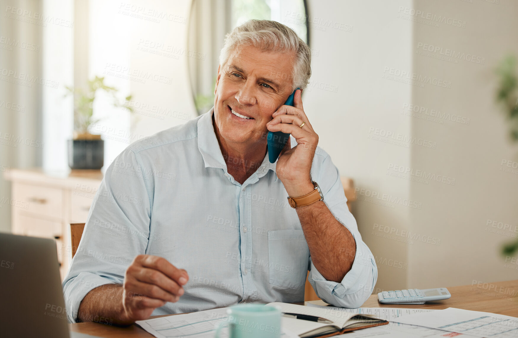 Buy stock photo Happy elderly man with phone call, laptop or communication for home budget, consulting financial advisor or planning savings in living room. Investment or insurance with mobile or smartphone admin