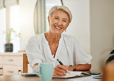 Buy stock photo Freelance writer, senior woman and writing in notebook or planner feeling happy, relax and enjoying retirement to be creative and organized at home. Portrait of old lady sitting in Australia house