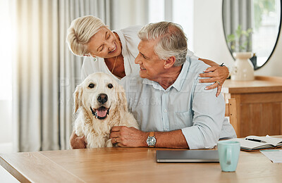 Buy stock photo Love, pet and senior couple with dog relax at home bonding, playing and spend quality time together. Retirement life, smile and happy elderly man, woman or family enjoy peace with domestic animal 