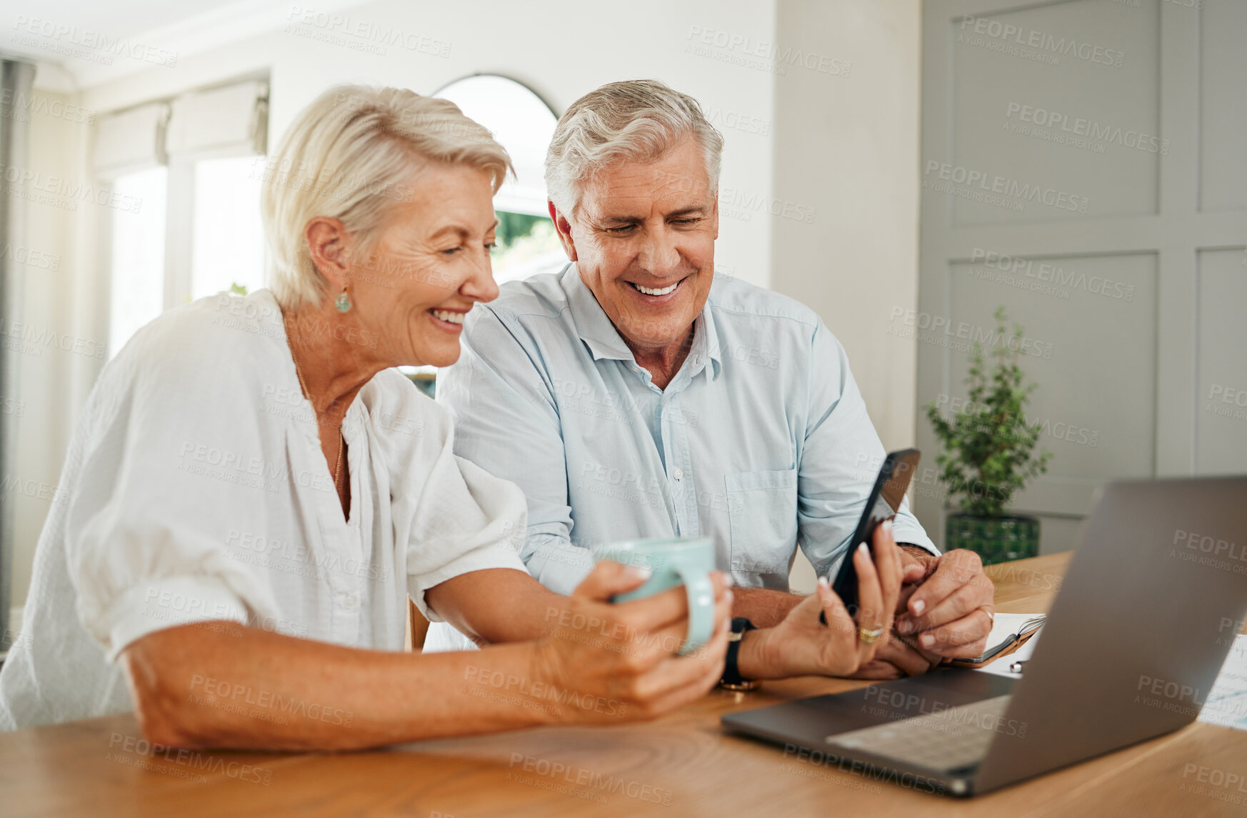 Buy stock photo Senior, couple and online computer communication video call or bills budget planning at home. Elderly woman and man with a happy smile using internet and technology for finance plan for retirement