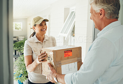 Buy stock photo Delivery, courier service and people with box for safe, care and easy distribution in e commerce, shipping industry. Cardboard package, worker woman and house man at front door for stock supply chain