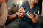 Diabetes, nurse and glucometer with patient in home checking blood sugar levels. Healthcare, health and medical professional with glucose meter to test insulin levels in house checkup for wellness.