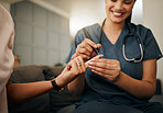 Zoom of doctor, diabetes or elderly woman hands with blood test, sugar or medical test with a glucometer. Healthcare, health nurse or diabetic lady consulting on glucose wellness in living room