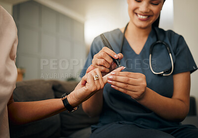 Buy stock photo Zoom of doctor, diabetes or elderly woman hands with blood test, sugar or medical test with a glucometer. Healthcare, health nurse or diabetic lady consulting on glucose wellness in living room