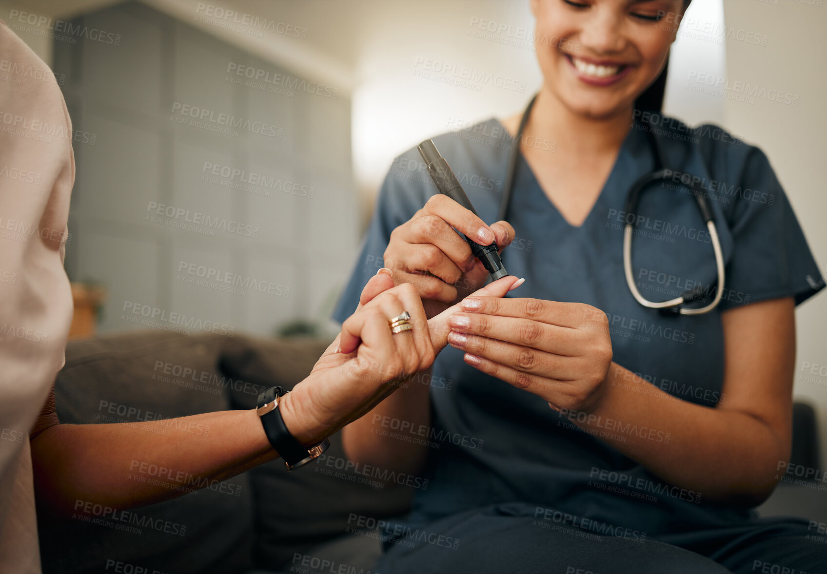 Buy stock photo Zoom of doctor, diabetes or elderly woman hands with blood test, sugar or medical test with a glucometer. Healthcare, health nurse or diabetic lady consulting on glucose wellness in living room