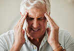 Senior man, hands on head with headache pain and painful stress migraine. Elderly people are at risk for arthritis, cancer and heart disease as well as mental health issues like anxiety or depression